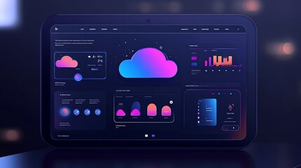 Cloud computing dashboard on tablet displaying data analytics, charts, and graphs.