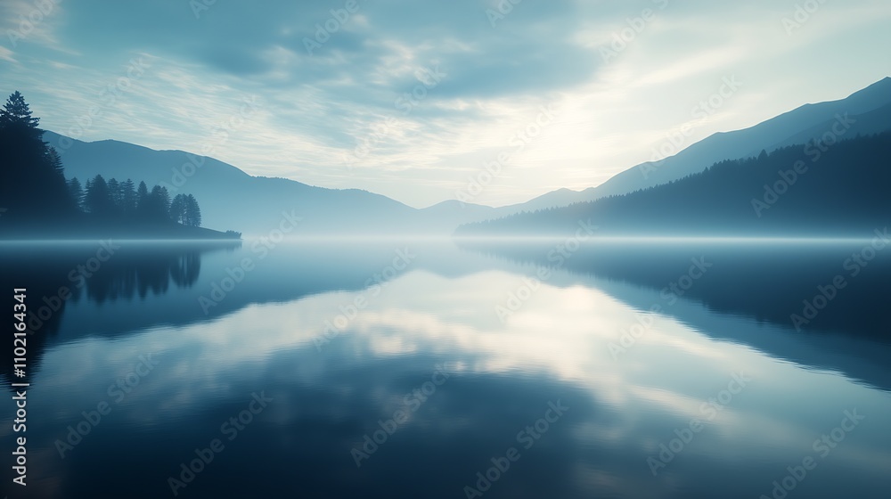 Poster serene misty lake with mountain reflection at sunrise in alpine setting : generative ai