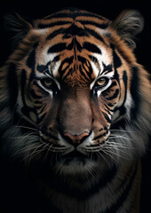 Obraz premium Close-up tiger's face with intense eyes and detailed fur patterns, perfect for wildlife, nature, and conservation concepts