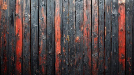 Charred red and black wooden planks background with burnt textured effect