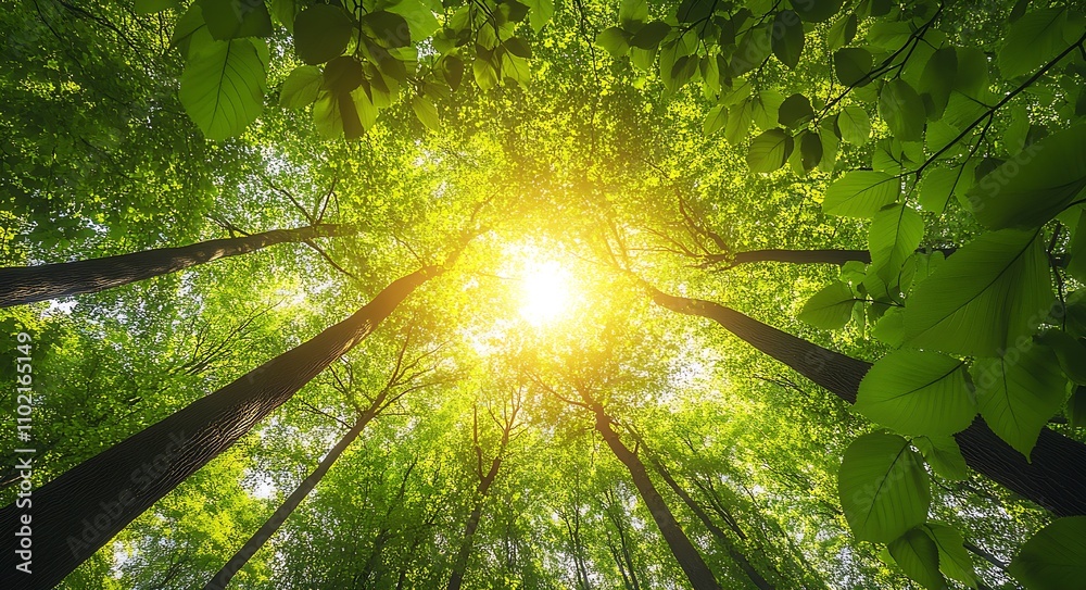 Poster captivating forest view with vibrant sunlight and leafy green treetops : generative ai