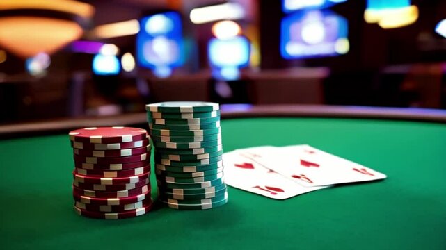 A close-up of a stack of casino chips and two playing cards on a green table. The background is blurred and shows a casino setting created with generative ai