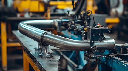 Fototapeta premium Polished metal pipe on industrial bending machine.