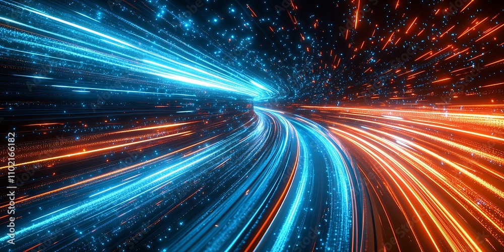 Aufkleber dynamic flow of blue and orange light trails in a futuristic digital tunnel : generative ai