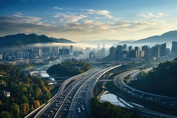 Fototapeta premium Aerial view of highway and overpass in very big city with river on cloudy day.