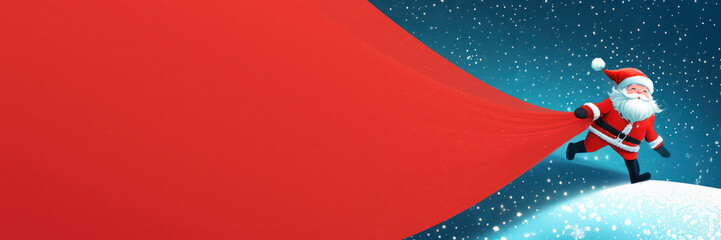 Santa Claus carrying or pulling a giant sack of gifts in a snowy winter with space for text