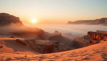 Naklejka premium Sunrise over desert canyon with morning mist.