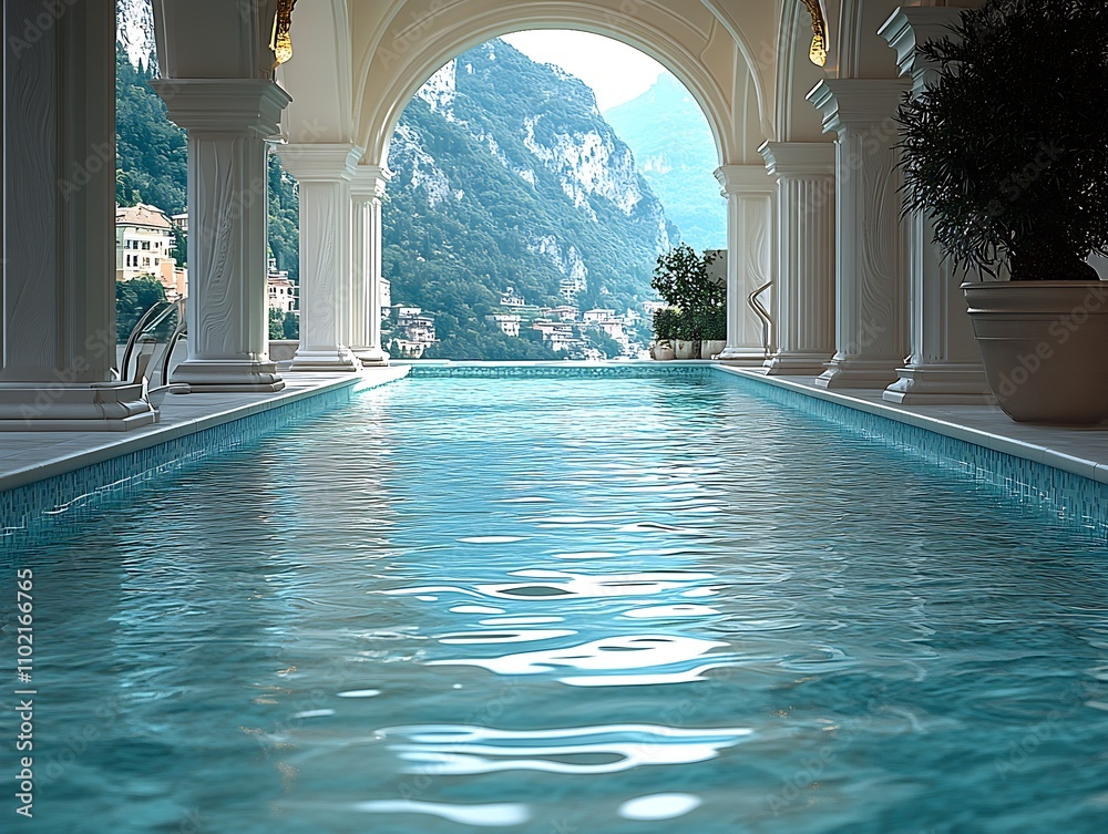 Poster elegant infinity pool in mediterranean setting with stunning mountain scenery : generative ai