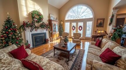 Fototapeta premium Living room filled with Christmas decorations, creating a warm and inviting atmosphere.