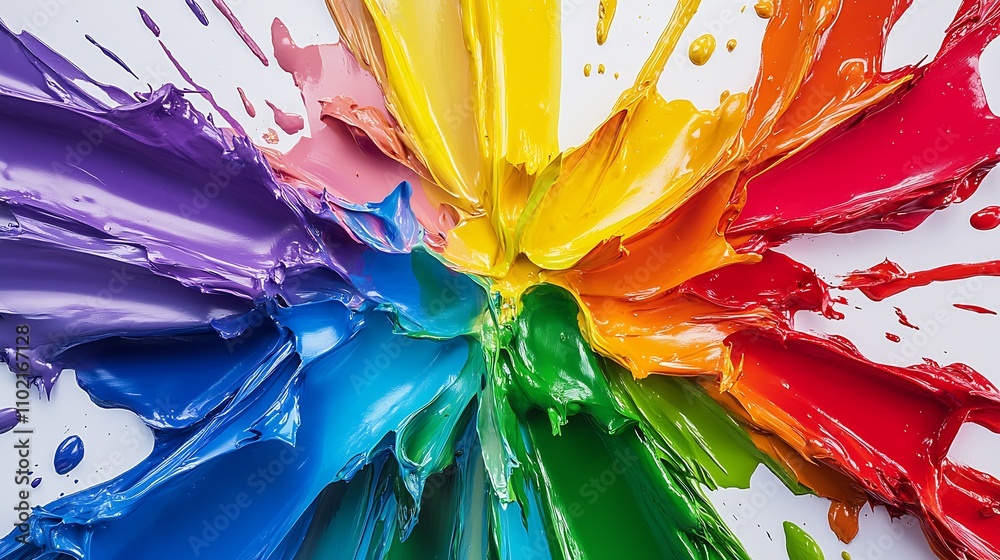 Poster vibrant abstract art with spreading rainbow paint strokes on white background : generative ai