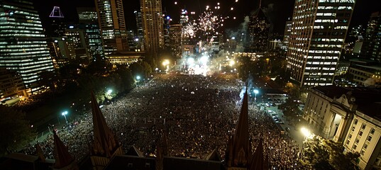 Vibrant city square celebrating new year with colorful fireworks and throngs of excited people