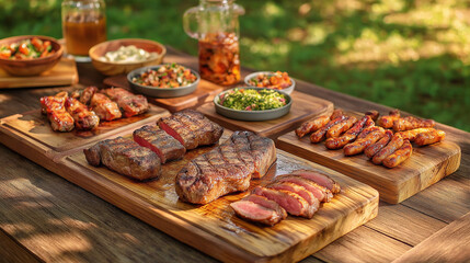 Assorted grilled meats including steak, chicken wings, and sausages served with salads on wooden platters