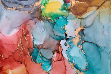 Naklejka premium Current of translucent hues intertwine with metallic gold veins, shaping organic luxurious landscape. This fluid art, abstract liquid ink technique, light and shadow dance across free-flowing textures