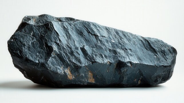 Raw shungite mineral stone with metallic sheen on white background: geological and healing properties