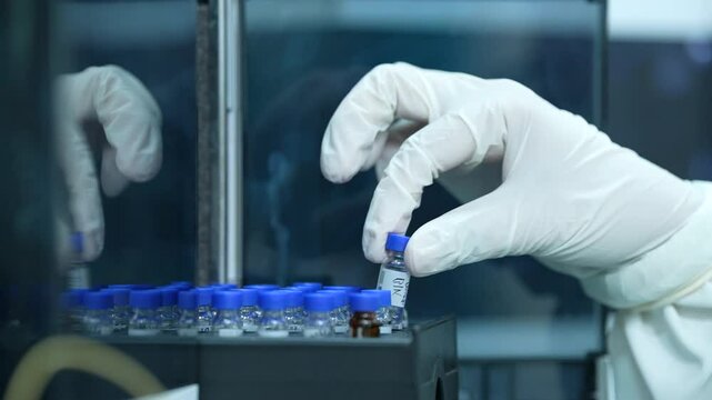 Hplc lab machine science experiment Vials filling inside an autosampler of an HPLC machine inside view in a Scientific experimental laboratory for research development analysis and ipqa test study	