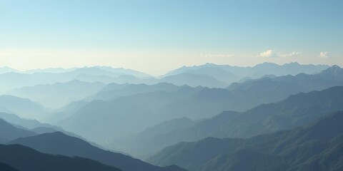 Obraz premium Elegant mountain range with soft blur on distant peaks and valleys gentle blue hue blending into green tones subtle cloud formations, elegant mountain range, scenic views, atmospheric perspective