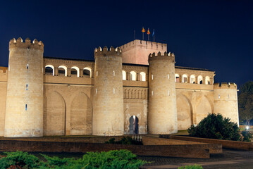 Night View of Aljafería Palace in Zaragoza, Spain