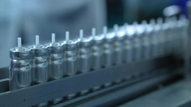 inhaler canister. Asthma containers in production line. inhaler manufacturing. canister making process in a factory. asthma medicine in metal bottles on a conveyor belt. Pharmaceutical product
