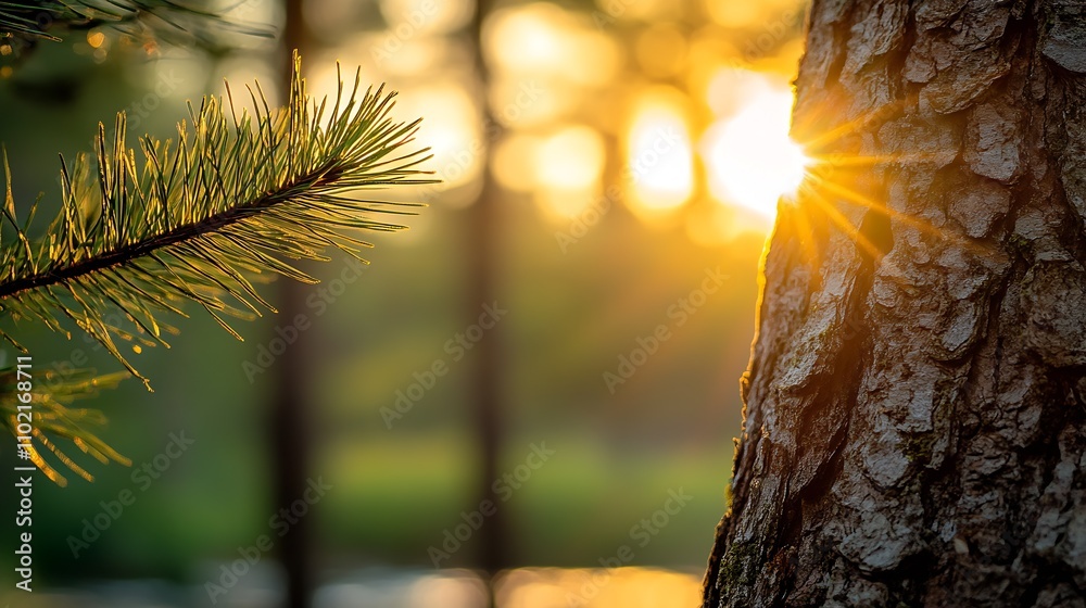 Poster golden sunlight filtering through verdant forest capturing essential calmness of nature : generative