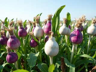 Fresh white and purple turnips growing in a field with greenery, field, foliage