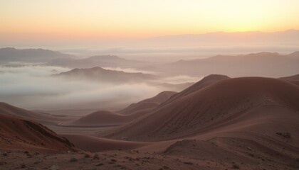 Sunrise over misty desert landscape with rolling sand dunes and distant mountains.
