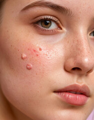 Naklejka premium Close-up portrait of a teenage girl with half of her face showing clear, smooth skin and the other half with noticeable acne, representing skin care issues and the importance of skincare treatments