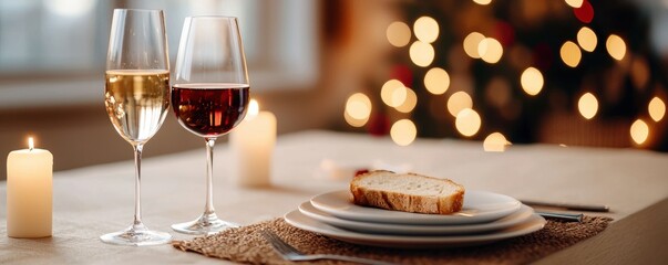 Naklejka premium two wine glasses with white and red wine on a festive dinner table decorated with candles