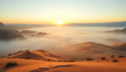 Sunrise over misty desert landscape with sand dunes and mountains.