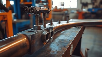 Close-up of a metal tube being precisely worked on in a workshop using specialized tools.
