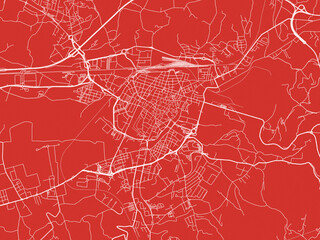 Christmas Map of Terni, Italy in Snowy White on Festive Red Background.