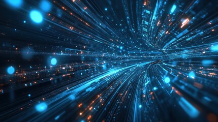 Fototapeta premium Dynamic blue and orange light trails create futuristic digital landscape