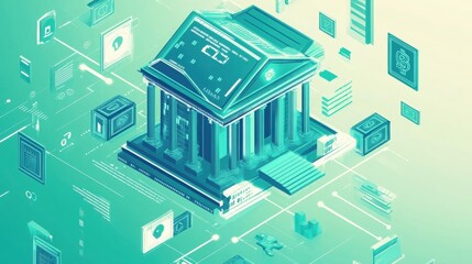 Obraz premium Digital bank building with technology elements and financial icons