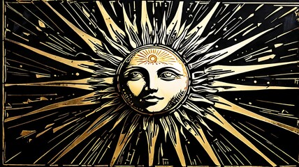Golden sun face with rays, mystical art print.