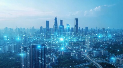 Futuristic cityscape with digital connections and skyline view