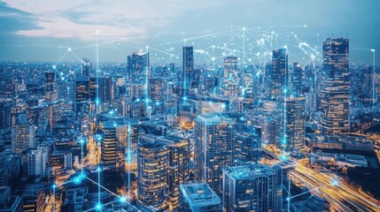 Naklejka premium Futuristic cityscape with glowing connections and skyscrapers at dusk