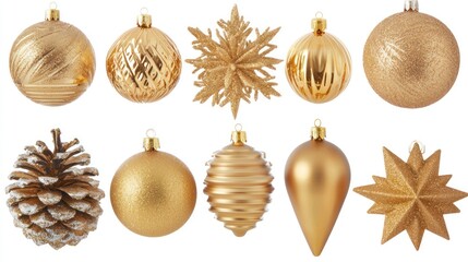 Collection of gold Christmas ornaments displayed together, showcasing various shapes and textures.