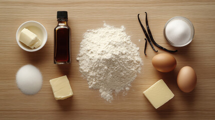 A Flat Lay Arrangement of Baking Ingredients Including Flour, Eggs, Butter, Sugar, Vanilla Extract, and a Bowl of Cream Ready for Making Delicious Pastries