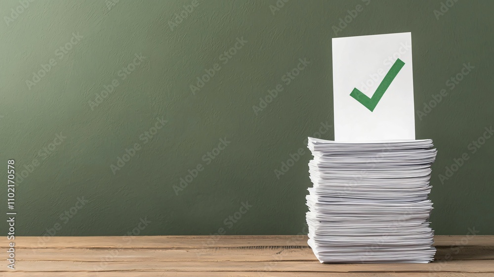 Poster register approval stack of papers with a checkmark signifying approval or completion.