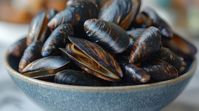Fresh mussels in blue bowl: a culinary delight from the sea