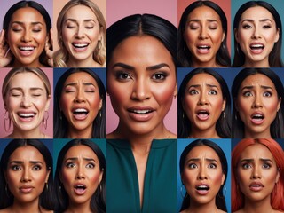 A collage of photos showcasing various emotional expressions of women, capturing moments of joy, sadness, surprise, and contemplation in vivid detail