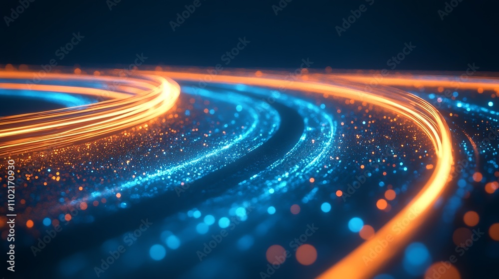 Poster abstract neon light trails in vibrant blue and orange on a dark background : generative ai