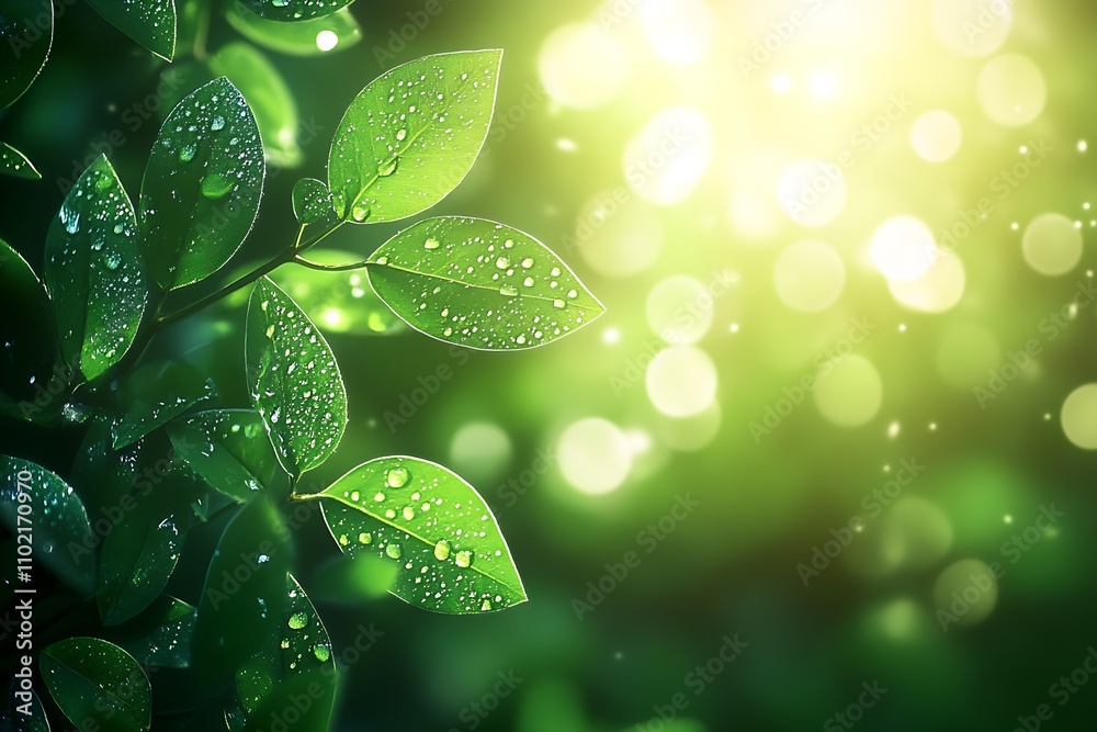 Poster backlit green leaves with dew drops in natural light offering a tranquil botanical setting : generat