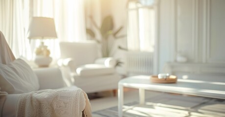Blurred view of living room interior with white background
