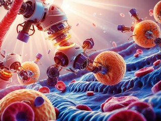 Nanobots repairing and healing the human body at a microscopic level, targeting cells and tissues with precision in a futuristic medical environment