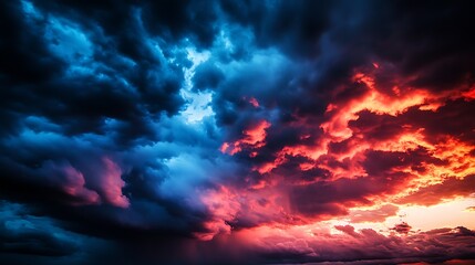Fiery red and blue storm clouds during an epic sunset twilight : Generative AI