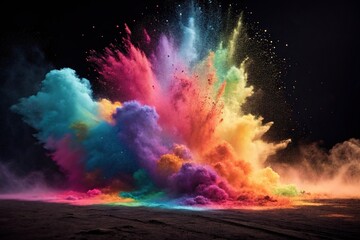 glowing colored powders collide and swirl together in a radiant display, vibrant swirl, shimmering chaos, shimmering particles, powder explosion