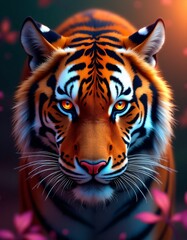 Fototapeta premium a pair of tiger eyes on ruby, red yellow green blue orange purple and white colors, ray, light, three-dimensional life, scattering leaves, flying leaves, lights