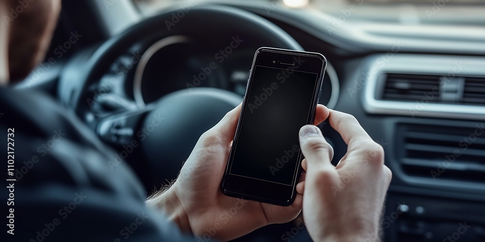 Poster Driver Interacting with Mobile Device Inside Car Focus on Practical Technology Use : Generative AI