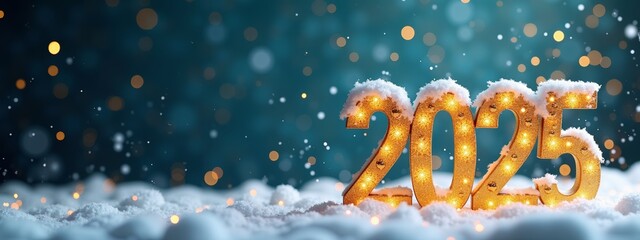 Glistening numbers representing the year 2025 shine brightly, surrounded by soft snow and a backdrop of warm bokeh lights, creating a festive winter atmosphere. Winter festive banner