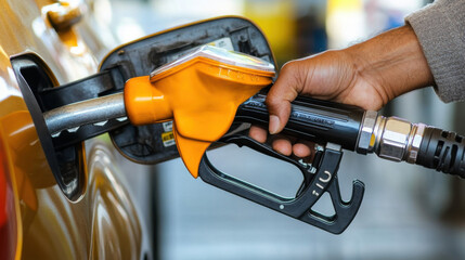 Person Using Fuel Pump to Refuel Vehicle at Gas Station, Close-up View of Hand and Gas Nozzle in Bright Setting with Focus on Refueling Process